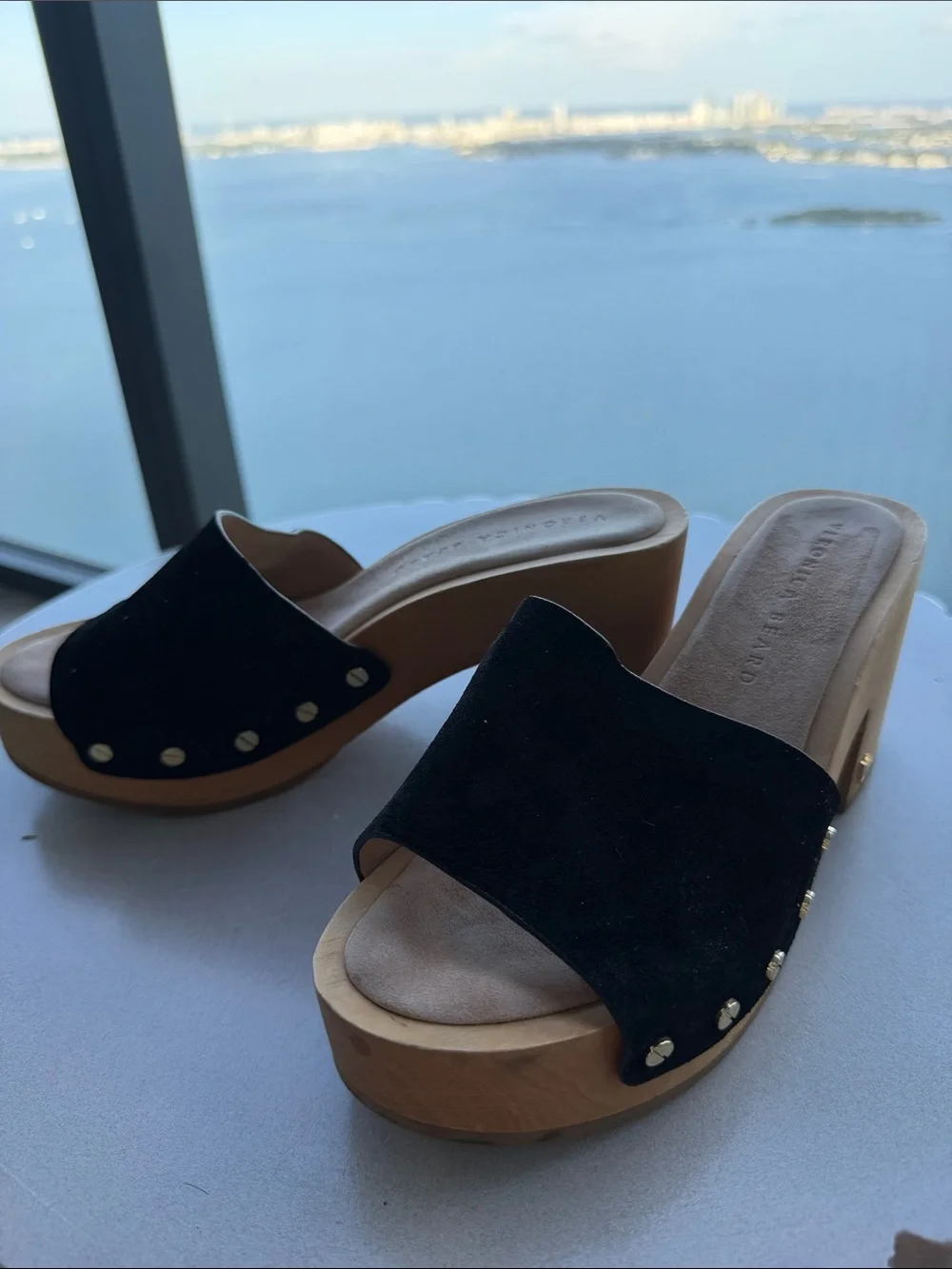 Suede slide sandals, Veronica Beard Hannalee wooden platform clogs